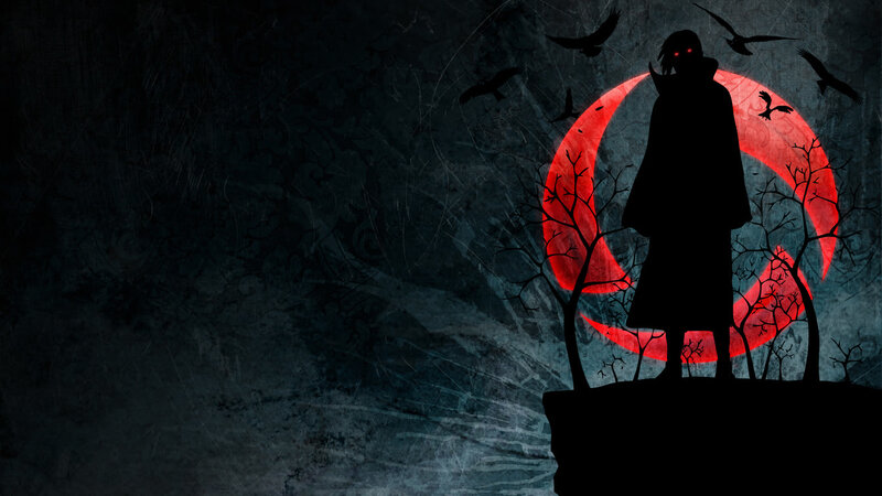 Silhouette of a Figure — Black, Dramatic, Ominous, Night, Digital Art, Crows, Red Moon, Bare Trees, Red