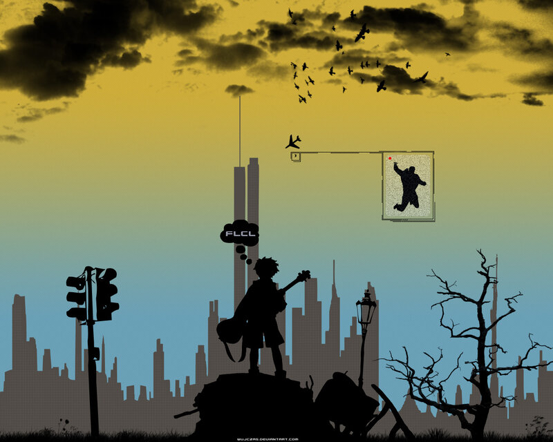 Silhouette of a guitarist in a city