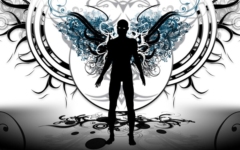 Silhouette of a Person — Black, Dramatic, Digital Art, Wings, Floral Patterns, Circle