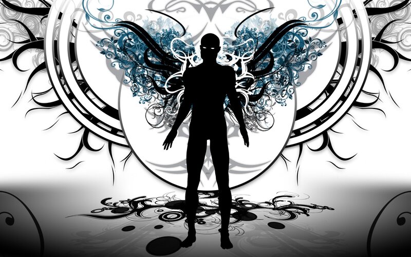 Silhouette of a Person — Black, Dramatic, Digital Art, Wings, Floral Patterns