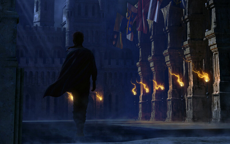 Silhouette of a Person — Blue, Dramatic, Night, Digital Art, Castle
