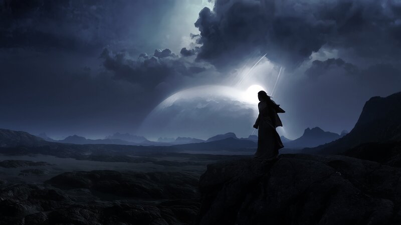 Silhouette of a Person — Blue, Dramatic, Night, Digital Art, Mountain, Planet