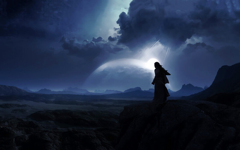 Silhouette of a Person — Blue, Dramatic, Night, Digital Art, Mountain