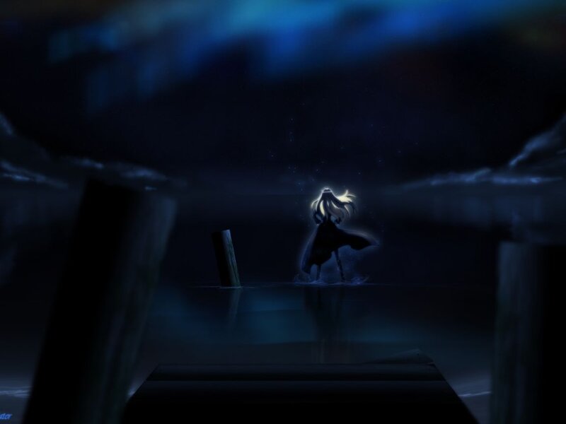Silhouette of a Person — Blue, Dramatic, Night, Digital Art, Water