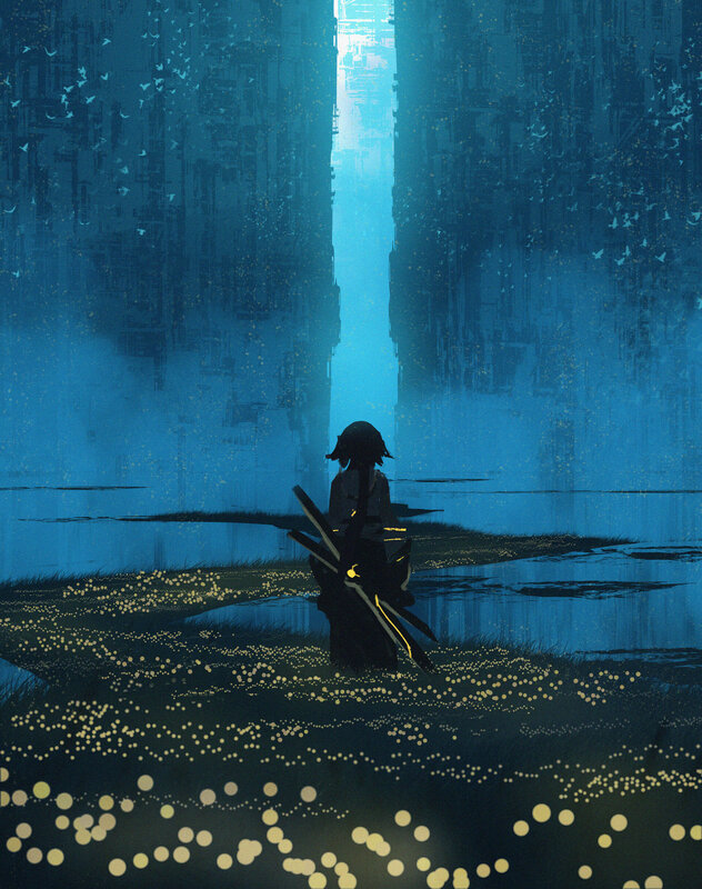 Silhouette of a Person — Blue, Serene, Night, Digital Art