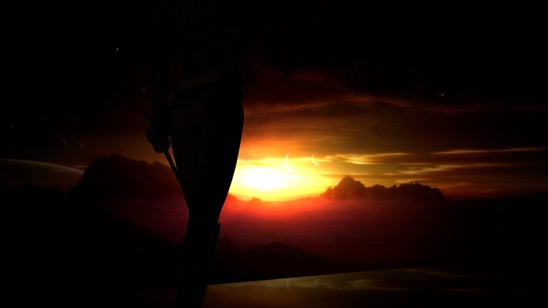 Silhouette of a Person — Orange, Dramatic, Sunset, Digital Art, Mountains