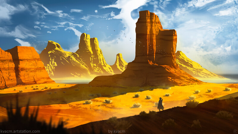 Silhouette of a Person — Orange, Dramatic, Sunset, Digital Art, Rock Formations