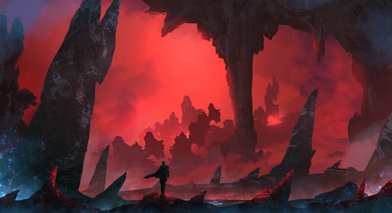 Silhouette of a Person — Red, Dramatic, Digital Art, Cave