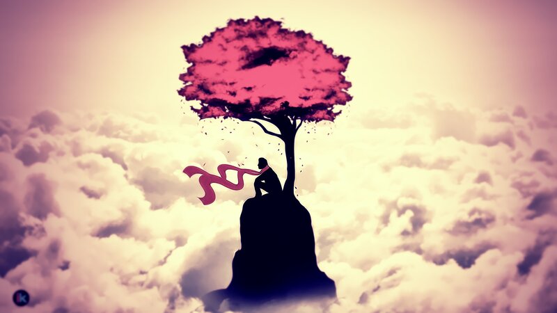 Silhouette of a person under a pink tree