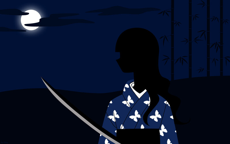 Silhouette of a samurai at night