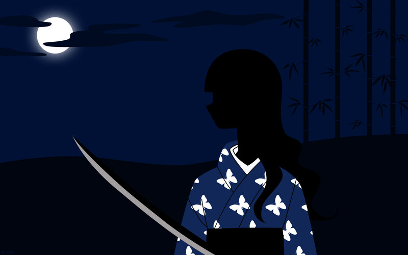 Silhouette of a samurai at night