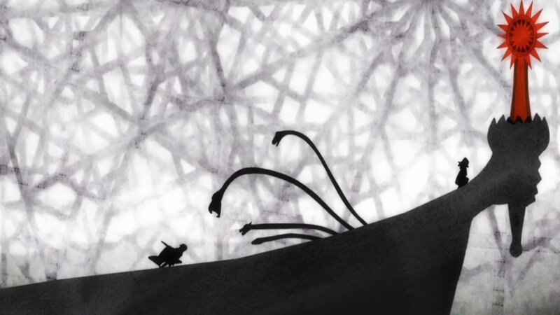 Silhouette of a ship with tentacles