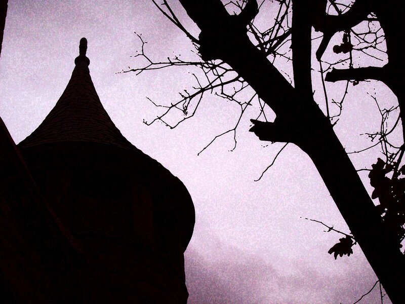 Silhouette of a spire and tree
