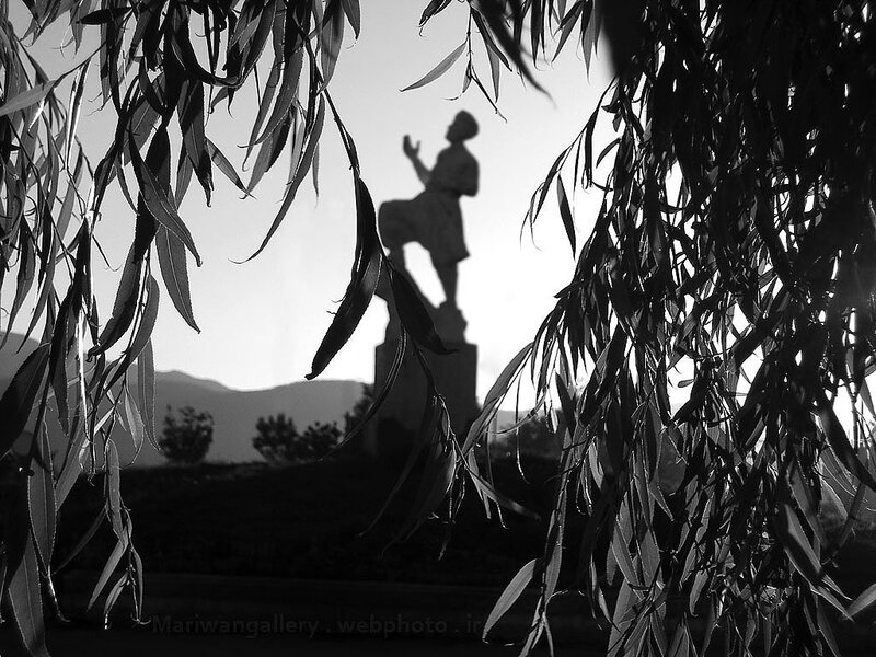 Silhouette of a statue through leaves
