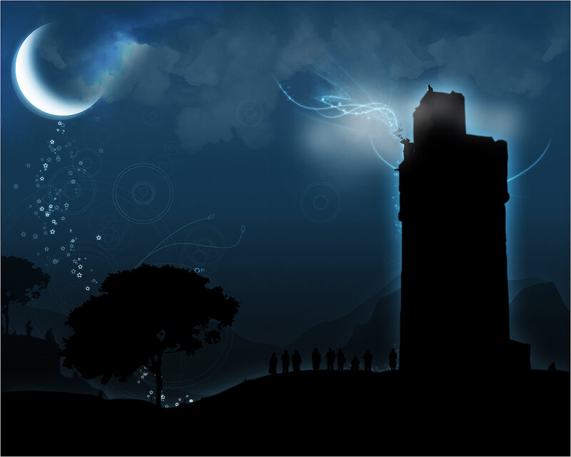 Silhouette of a tower at night