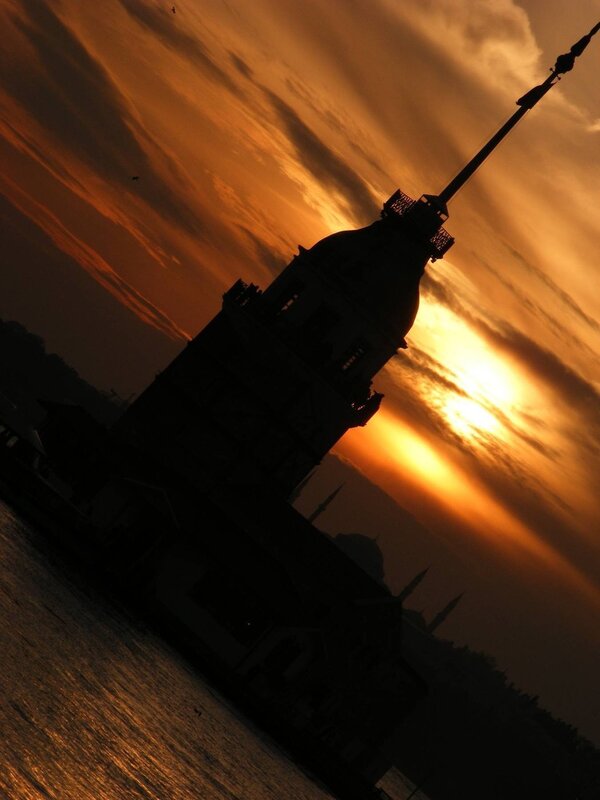 Silhouette of a tower at sunset