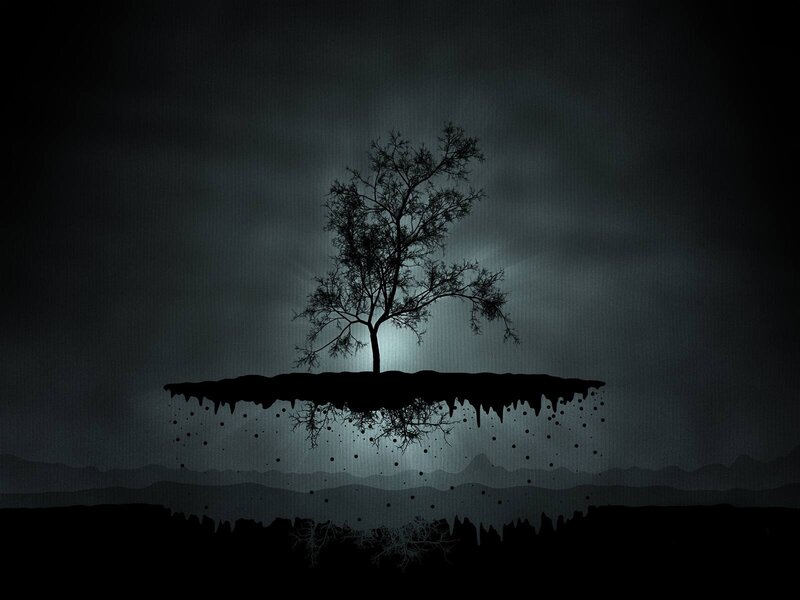 Silhouette of a Tree — Black, Dramatic, Night, Digital Art, Island, Mountains