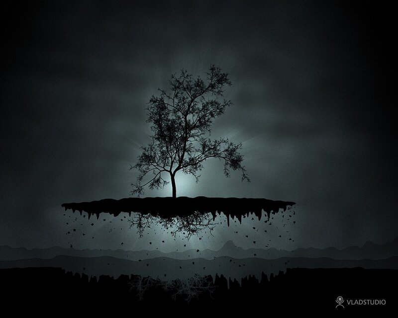 Silhouette of a Tree — Black, Dramatic, Night, Digital Art