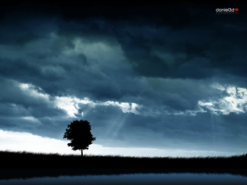 Silhouette of a Tree — Blue, Dramatic, Night, Digital Art, Clouds
