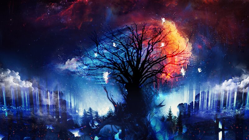 Silhouette of a Tree — Blue, Dramatic, Night, Digital Art