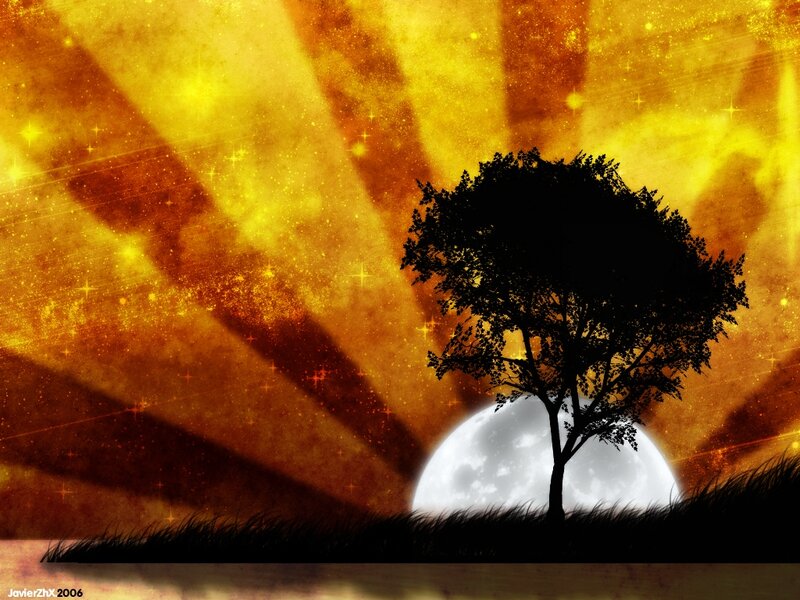 Silhouette of a Tree — Yellow, Dramatic, Night, Digital Art