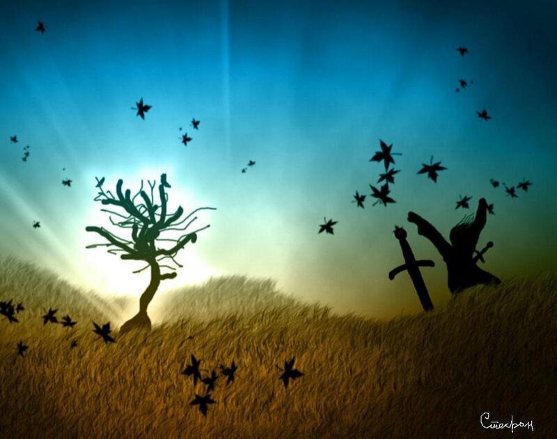 Silhouette of a warrior and tree