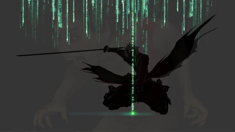 Silhouette of a Warrior — Black, Dramatic, Anime, Sword, Digital Rain