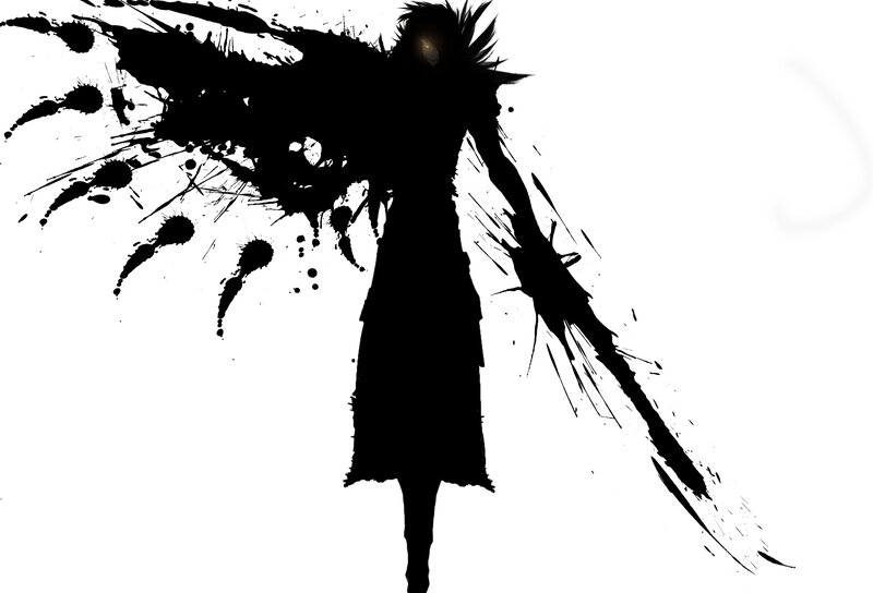 Silhouette of a Warrior — Black, Dramatic, Digital Art, Sword, Splatter