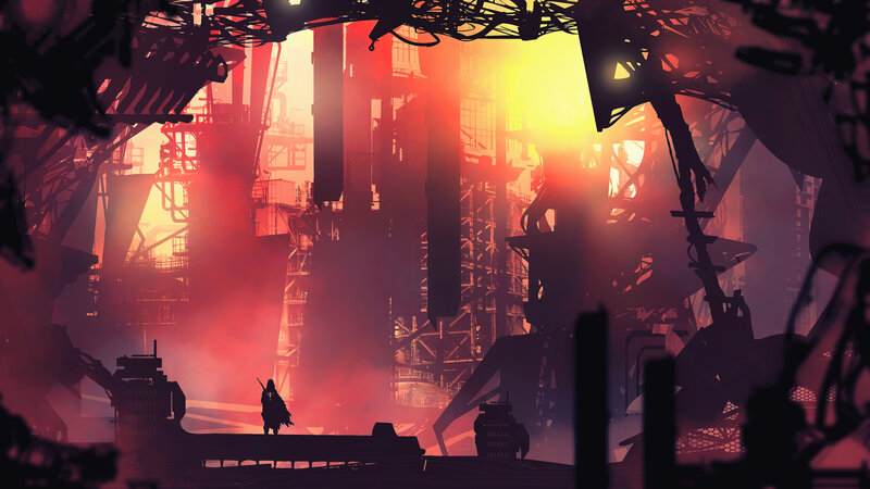 Silhouette of a Warrior — Red, Dramatic, Sunset, Digital Art