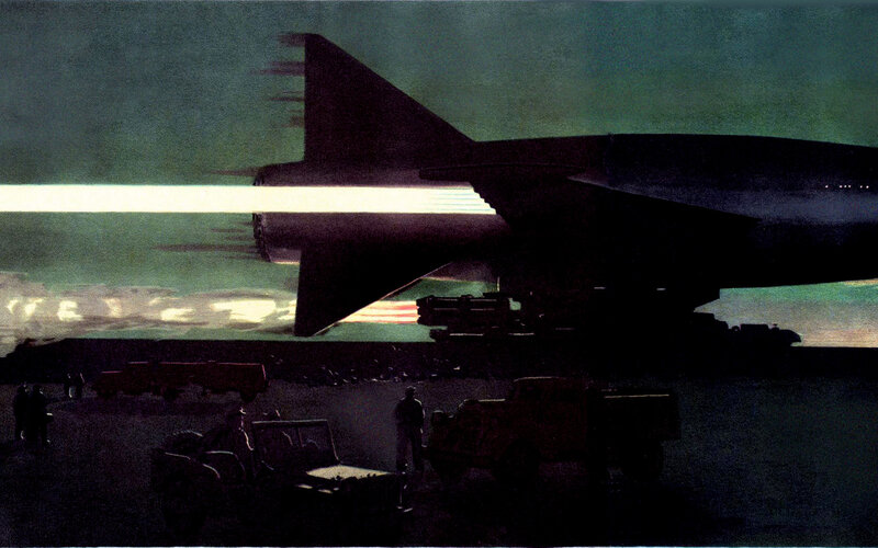 Silhouette of aircraft with light beam