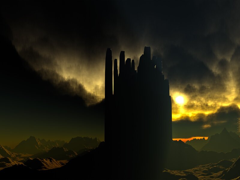Silhouette of ancient ruins at sunset