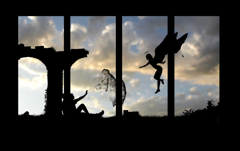 Silhouette of angel and figures