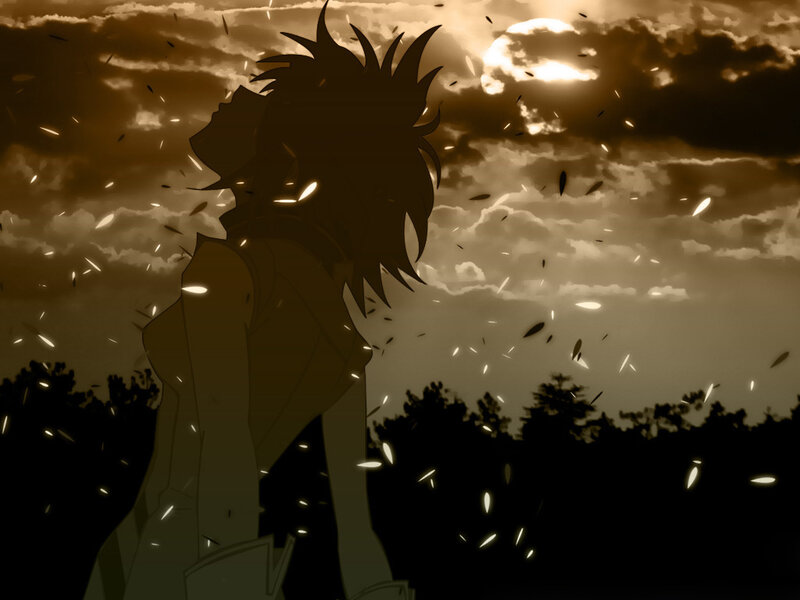 silhouette of anime character at sunset