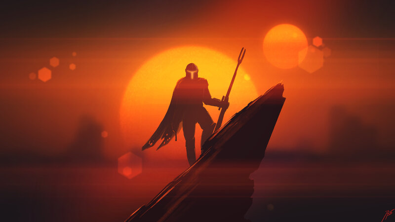 Silhouette of Armored Figure — Orange, Dramatic