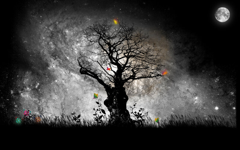 Silhouette of Bare Tree — Black, Dramatic, Night, Digital Art, Moon, Stars