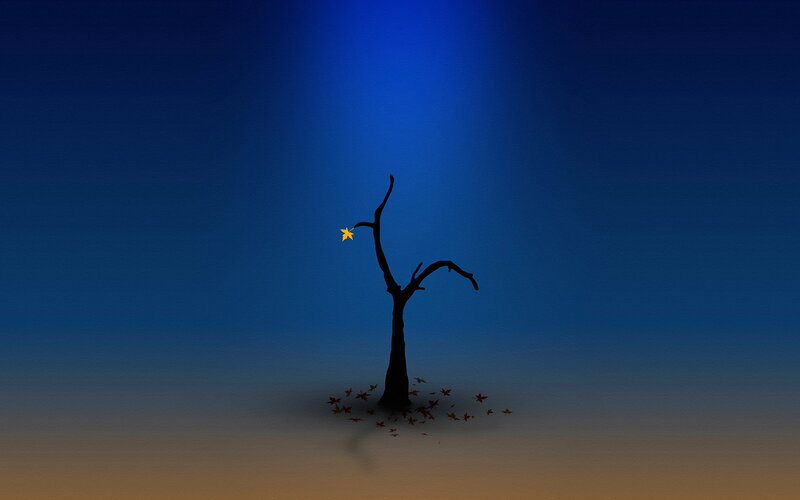 Silhouette of Bare Tree — Blue, Dramatic, Night, Digital Art, Leaf