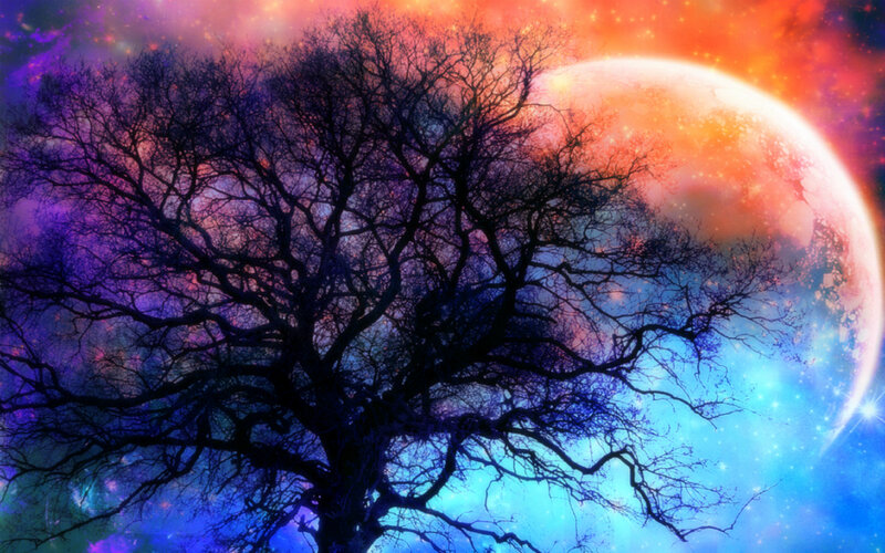 Silhouette of Bare Tree — Purple, Dramatic, Night, Digital Art, Planet