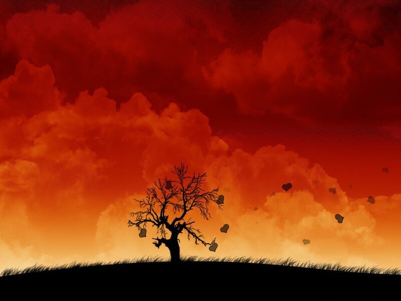 Silhouette of Bare Tree — Red, Dramatic, Sunset, Digital Art
