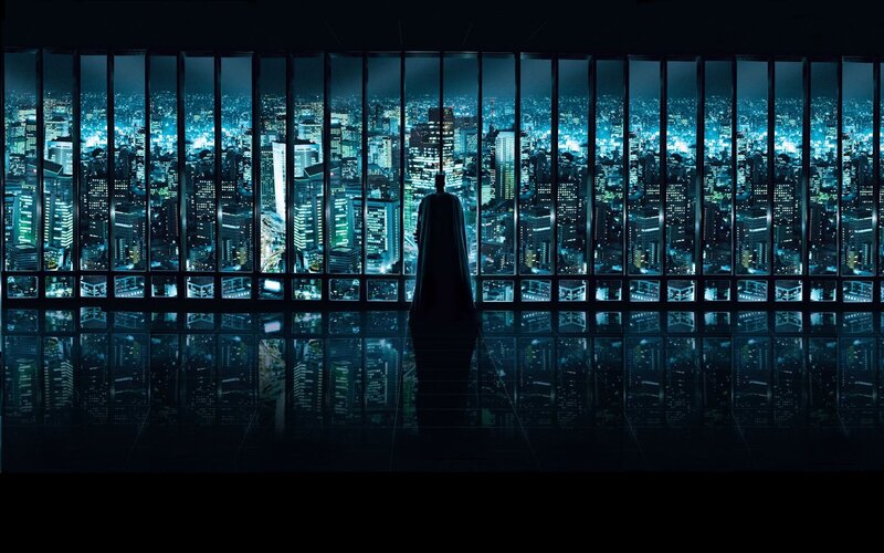 Silhouette of Batman — Black, Dramatic, Night, Digital Art, Cityscape, Window, Reflection