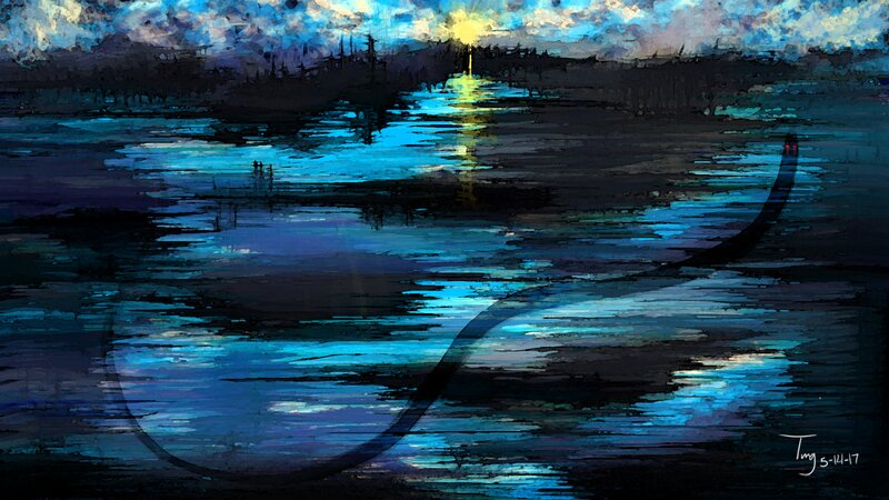 Silhouette of Boat on Water — Blue, Serene, Night, Digital Art