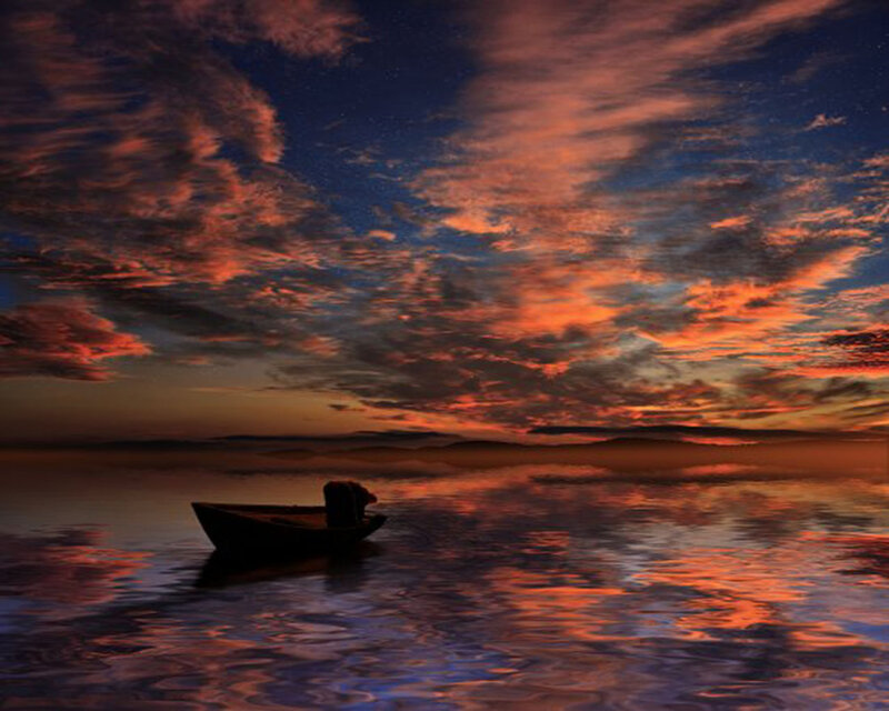 Silhouette of Boat on Water — Orange, Dramatic, Sunset