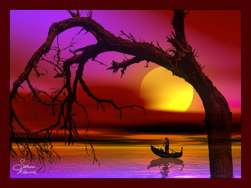 Silhouette of Boat on Water — Purple, Dramatic