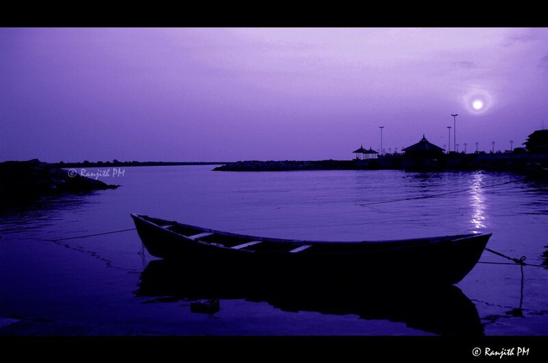Silhouette of Boat on Water — Purple, Serene, Night