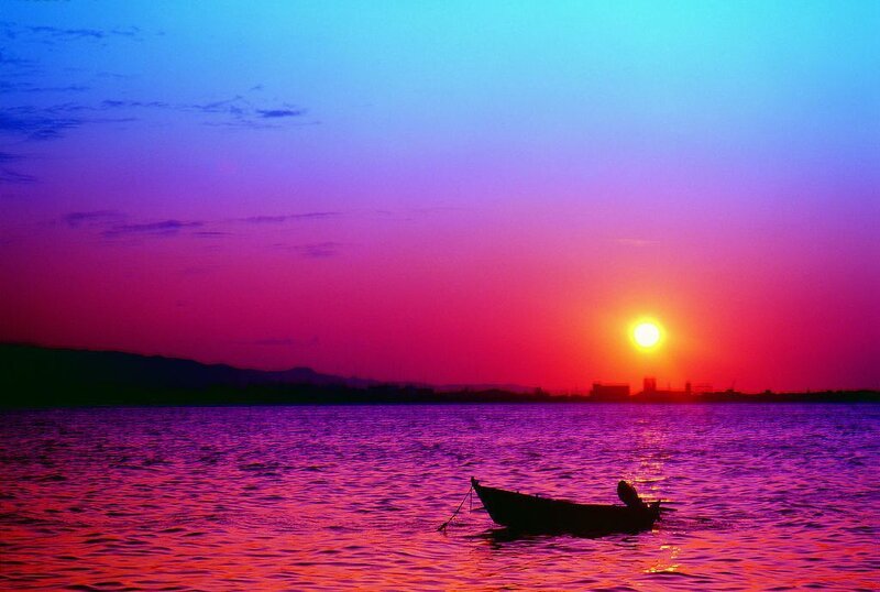 Silhouette of Boat on Water — Purple, Serene