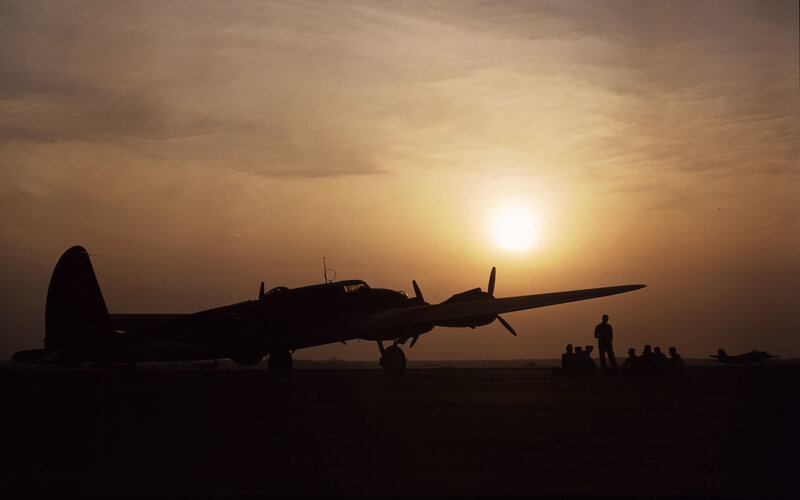 Silhouette of bomber at sunset