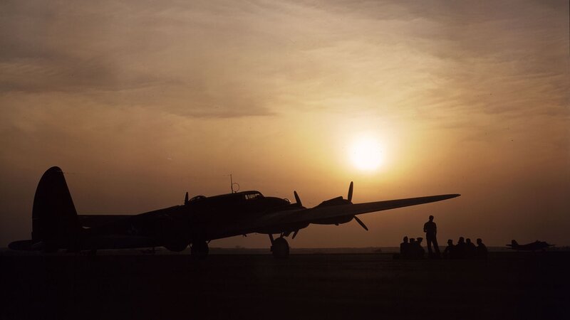 Silhouette of bomber at sunset