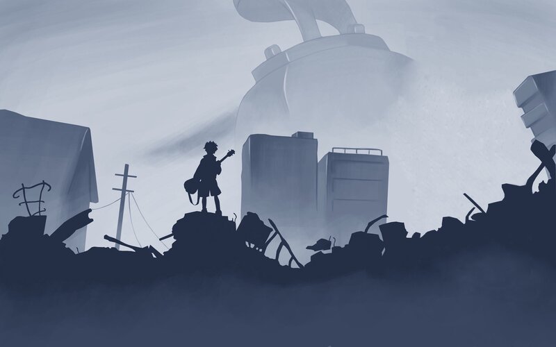 Silhouette of Boy with Guitar — Blue, Dramatic, Digital Art