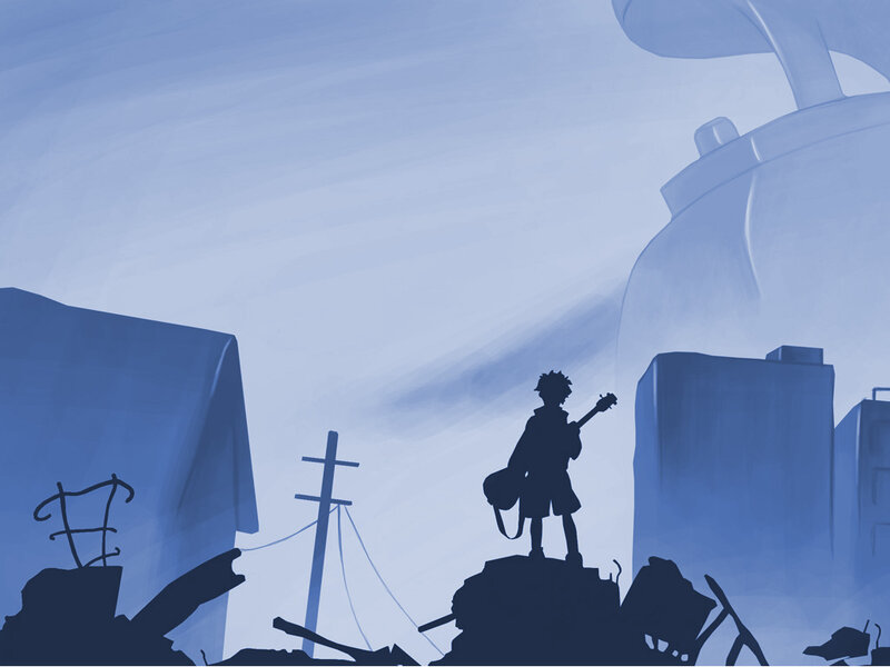 Silhouette of Boy with Guitar — Blue, Dramatic