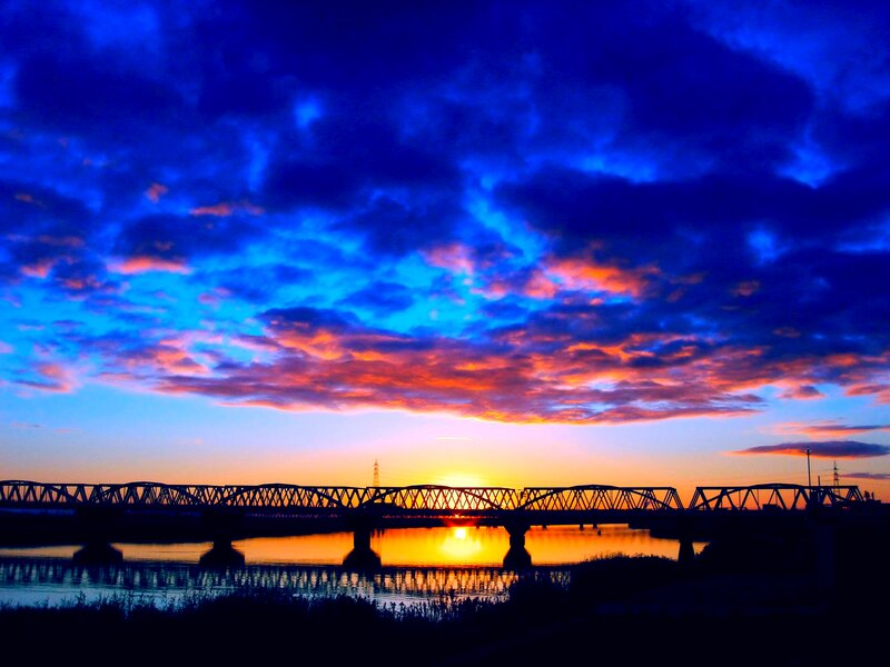 Silhouette of Bridge at Sunset — Blue