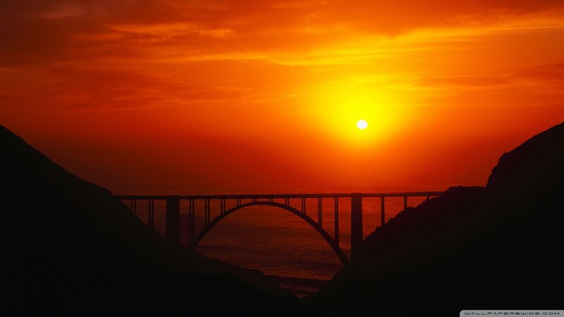 Silhouette of Bridge at Sunset — Orange, Dramatic, Photograph, Mountain
